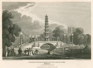 Chinesische Pagode und Brücke, St Jamess Park, London, wie sie am 1. August 1814 erschien von English School
