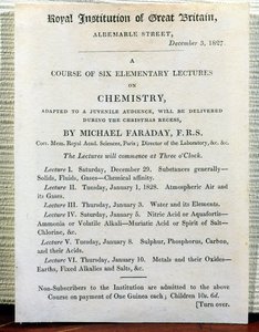 Weihnachtshandzettel für sechs elementare Vorlesungen über Chemie von Michael Faraday, 3. Dezember 1827 von English School