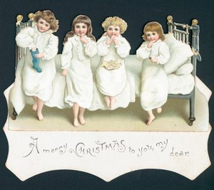 Weihnachtskarte, Kinder im Bett mit ihren Strümpfen
