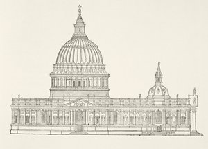 Christopher Wrens erster Entwurf für die neue St. Pauls Kathedrale nach dem Großen Brand von London, aus The National and Domestic History of England von William Hickman Smith Aubrey (1858-1916), veröffentlicht in London von English School