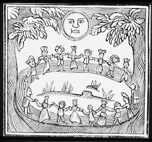 Kreis von Hexen, die unter einem Vollmond tanzen, Illustration aus einer Sammlung von Heftromanen über Esoterik von English School