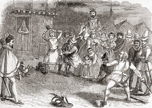 Hahnenwerfen, auch bekannt als Cock-shying oder Werfen auf Hähne, aus "Old England: A Pictorial Museum", veröffentlicht 1847 von English School
