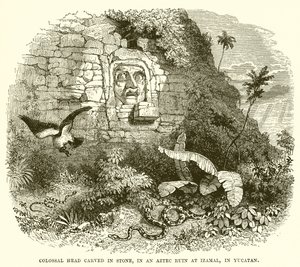 Kolossaler Kopf in Stein gemeißelt, in einer aztekischen Ruine in Izamal, Yucatan von English School
