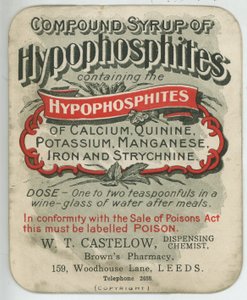 Etikett für Compound Syrup of Hypophosphites, frühes 20. Jahrhundert von English School