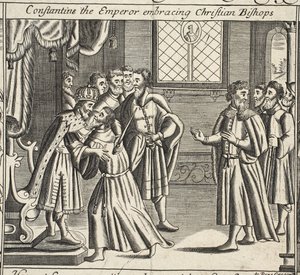 Konstantin der Kaiser umarmt christliche Bischöfe, Illustration aus Acts and Monuments von John Foxe, neunte Ausgabe, veröffentlicht 1684 von English School