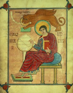 Der heilige Markus sitzt mit seinem Symbol, aus den Lindisfarne-Evangelien, 710-721