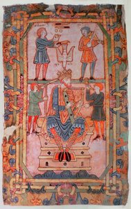 David spielt seine Harfe, aus dem Tiberius-Psalter, Winchester, ca. 1050