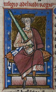 Cotton Claudius B. VI, f.87v Ethelred der Unfertige mit Schwert, aus der 