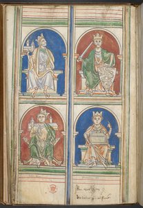 Cotton Claudius D VI f.9v Vier Könige von England: Heinrich II., Richard I., Johann und Heinrich III. aus Die Könige von England von Brutus bis Heinrich III., von Matthew Paris, ca. 1250-59