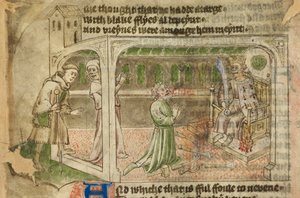 Cotton Tiberius A. VII, f.65v, Das Haus der Götzenanbetung, mit dem Pilger, der eintritt, und einem Mann, der ein gekröntes Idol anbetet von English School