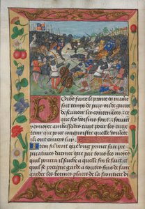 Der König von England auf einem weißen Pferd, der den fliehenden König von Frankreich jagt, aus Robert de Balsacs Handbuch über Kriegsführung zur Unterweisung eines Prinzen, ca. 1490er (Pergament) von English School