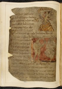 Ein Baum, aus dem Balsam wächst; ein Donestre, ein bestienköpfiger Mann, der links ein menschliches Bein und einen Fuß hält, und eine Person rechts, Illustration aus Beowulf, aus dem 