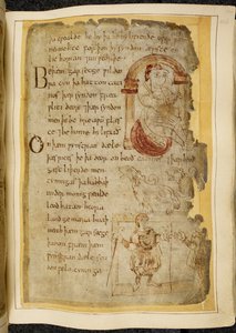 Ein Mann, der auf einem Kissen unter einem Bogen sitzt; zwei Catini, offenmäulige Bestien wie Hunde; ein Mann in Roben mit einem Stab, der seine Hand einem anderen Mann reicht, Illustration aus Beowulf, aus dem 