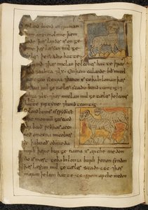 Ein einhörniges Schaf, nach rechts blickend; zwei gehörnte Schafe, nach links blickend, aus Beowulf, aus dem 