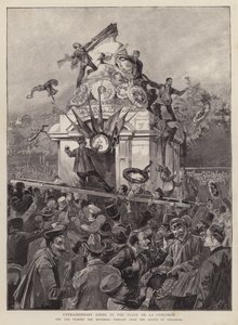 Menschenmengen reißen Trauersymbole von der Statue von Straßburg auf der Place de la Concorde, Paris von English School