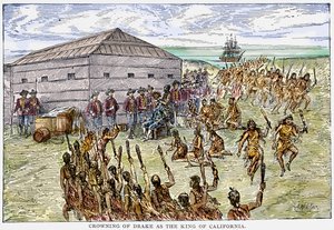 Krönung von Drake als König von Kalifornien (Gravur) von English School