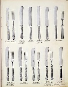Besteckdesigns, aus einem Handelskatolog für Haushaltswaren und Einrichtungsgegenstände, ca. 1890-1910