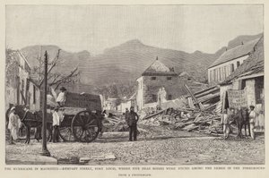 Schäden in der Rempart Street, Port Louis, verursacht durch den Mauritius-Zyklon von 1892 (Lithografie) von English School