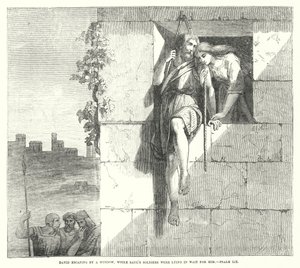 David entkommt durch ein Fenster, während Sauls Soldaten auf ihn lauern, Psalm LIX (Gravur)