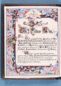 Widmung aus einer Ansprache, die von der Sheffield Football Association an William Pierce-Dix anlässlich seines Ruhestands als Sekretär überreicht wurde, 1882 (Tinte auf Papier) von English School