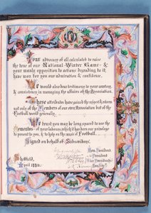 Widmung aus einer Ansprache, die von der Sheffield Football Association an William Pierce-Dix anlässlich seines Ruhestands als Sekretär überreicht wurde, 1882 (Tinte auf Papier) von English School