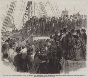 Abreise von 800 Nonkonformisten aus London nach der neuen Kolonie Albertland, Neuseeland, Szene an Bord der Matilda Wattenbach auf ihrer Fahrt den Fluss hinunter (Gravur) von English School