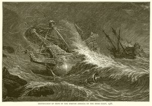 Zerstörung von Schiffen der spanischen Armada an der irischen Küste, 1588 von English School