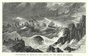 Zerstörung von Schiffen der Armada an der Küste Irlands (Stich)