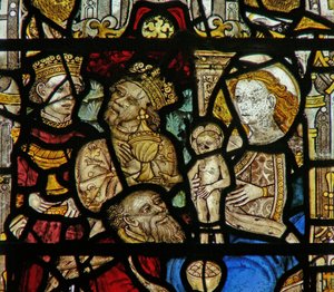 Detail eines Fensters, das die Anbetung der Heiligen Drei Könige darstellt (Detail) von English School