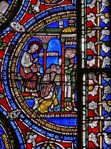 Detail eines der Bibelfenster, das St. Peter beim Predigen zeigt (Detail) von English School