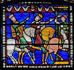 Detail eines der Bibelfenster, das die Magier zu Pferd zeigt, wie sie dem Stern folgen (Detail) von English School