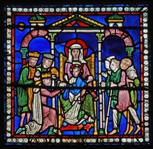 Detail eines der Bibelfenster, das die Anbetung der Magier und der Hirten zeigt (Detail) von English School