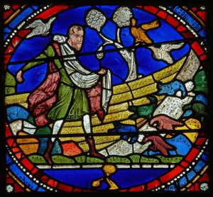 Detail eines der Bibelfenster, das das Gleichnis vom Sämann zeigt (Detail) von English School