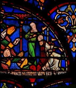 Detail aus dem Wunderfenster mit einer Mauer, die auf den Säugling Geoffrey von Winchester fällt