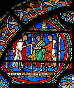 Detail des Wunderfensters, das Pilger zeigt, die am Schrein von St. Thomas geheilt werden (Detail) von English School