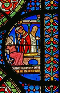 Detail aus dem Wunderfenster, das die Heilung der Töchter von Godbold von Boxley darstellt