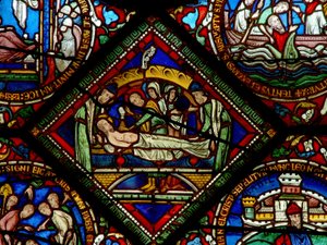 Detail aus dem Ostfenster der Dreifaltigkeitskapelle mit der Grablegung von English School
