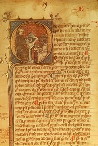 Detail eines ornamentalen Buchstabens in einem Manuskript aus dem 14. Jahrhundert. Duns Scotus lehrt seine Schüler von English School