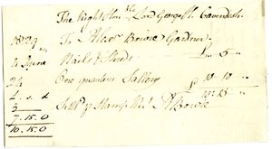 Devonshire MSS AS 3101, Folio aus einem Bündel von Rechnungen, beglichen von Pinder Simpson für Lord George Cavendish, einschließlich Alexander Bowies Rechnung