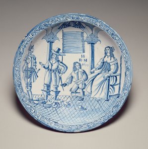 Schale mit Königin Katharina, die von einem knienden Kavalier einen Schuh angepasst bekommt, 1677 (zinnverglaste Irdenware)