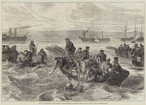 Tauchoperationen am Wrack der Vanguard, skizziert von Bord der HMS Amelia Despatch-Boat (Stich) von English School