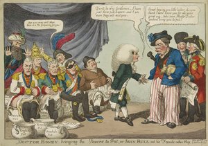 Doktor Boney bringt die Mächte zum Kochen, oder John Bull und seine Freunde sind eher schüchtern, veröffentlicht 1808 (handkolorierte Gravur) von English School