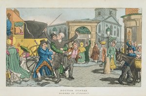 Doktor Syntax wird in St. Giles ausgeraubt, aus The Tour of Doctor Syntax through London, or the Pleasures and Miseries of the Metropolis. Ein Gedicht, veröffentlicht 1820 von English School