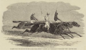 Doncaster-Rennen, das tote Rennen um die St. Leger Stakes, zwischen "Voltigeur" und "Russborough", "Bolingbroke" Dritter (Gravur) von English School
