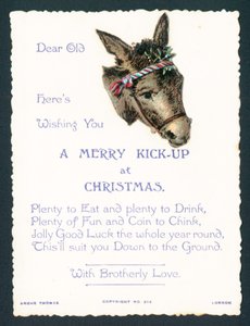 Esel mit Mistelzweig im Geschirr, Weihnachtskarte von English School