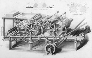 Doppeltrommel-Druckmaschine aus der Enzyklopädie der nützlichen Künste & Manufakturen, herausgegeben von Charles Tomlinson, ca. 1880er Jahre