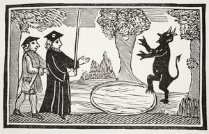 Dr. Faustus beschwört den Teufel, Illustration aus Chap-books of the Eighteenth Century von John Ashton, veröffentlicht 1882