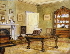 Saloninterieur mit Porzellansammlung, ca. 1890
