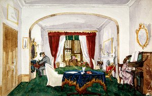 Saloninterieur, Frau am Klavier, Mann mit Melone beim Schreiben, ca. 1850 von English School