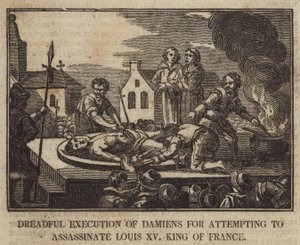 Schreckliche Hinrichtung von Damiens für den Versuch, Ludwig XV., König von Frankreich, zu ermorden von English School